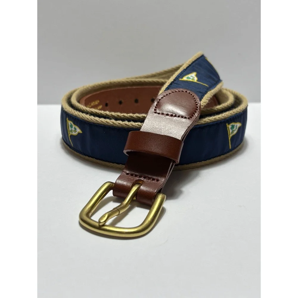 Leather Man Limited Belt 44 Navy Blue Palm Tree Pennant Ribbon Solid Brass